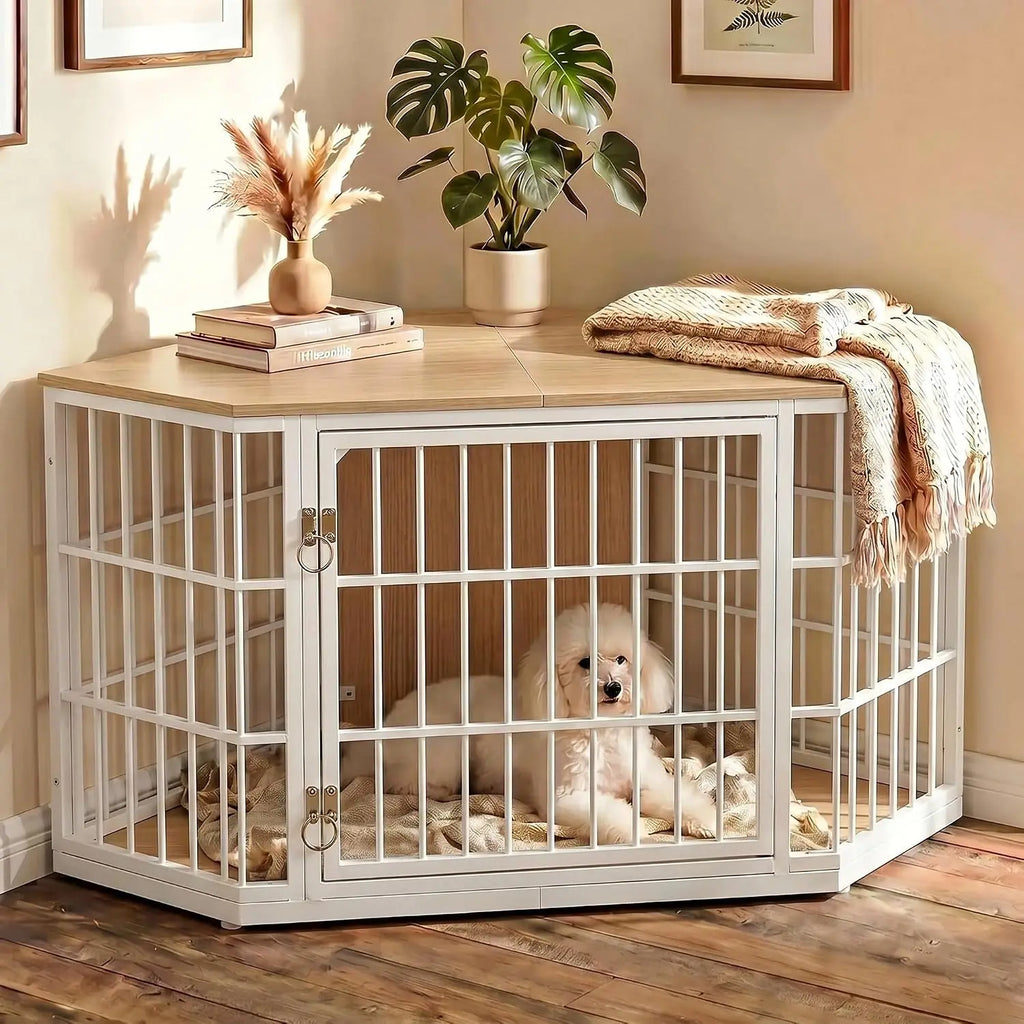 Corner Wooden Dog Crate Furniture, Heavy Duty Indoor Pet Kennel Featuring Wide Top Storage Shelf And Double Door Entry For Large Dogs Living Room Bedroom Limited Space, Natural Wood