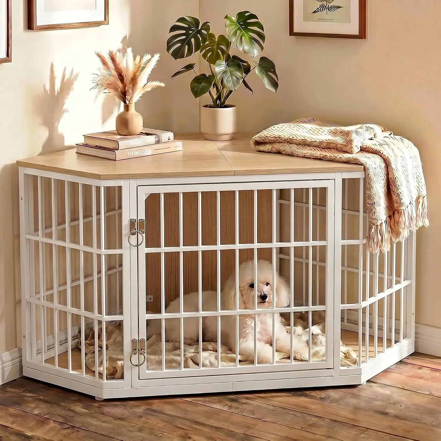 Corner Wooden Dog Crate Furniture, Heavy Duty Indoor Pet Kennel Featuring Wide Top Storage Shelf And Double Door Entry For Large Dogs Living Room Bedroom Limited Space, Natural Wood
