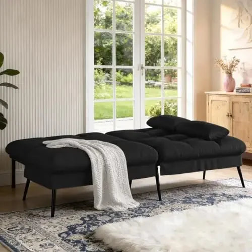 Black 72 Inch Fabric Futon Sofa Bed With Adjustable Backrest For Living Room Use