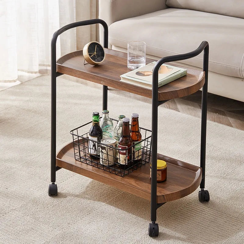Two-Tier Wooden Rolling Bar Serving Cart | Hotel Restaurant Mobile Tea Cake Dessert Trolley