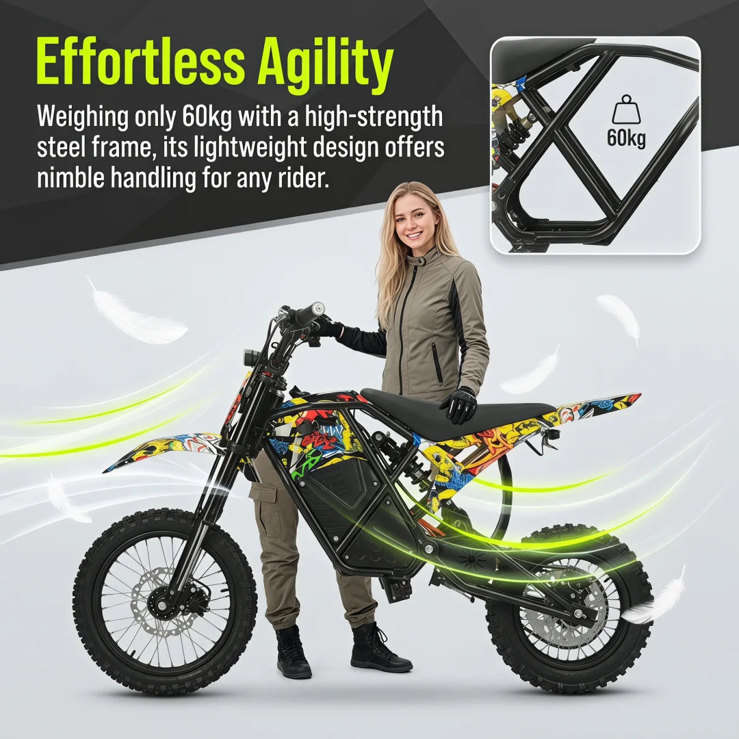 EDB001 Graffiti Electric Dirt Bike Powerful Brushless Motor Waterproof Removable Lithium Battery 3 Speed Modes Hydraulic Brakes Adjustable Nitrogen Shock Absorber All Terrain Off Road Motorcycle For Adults Teens