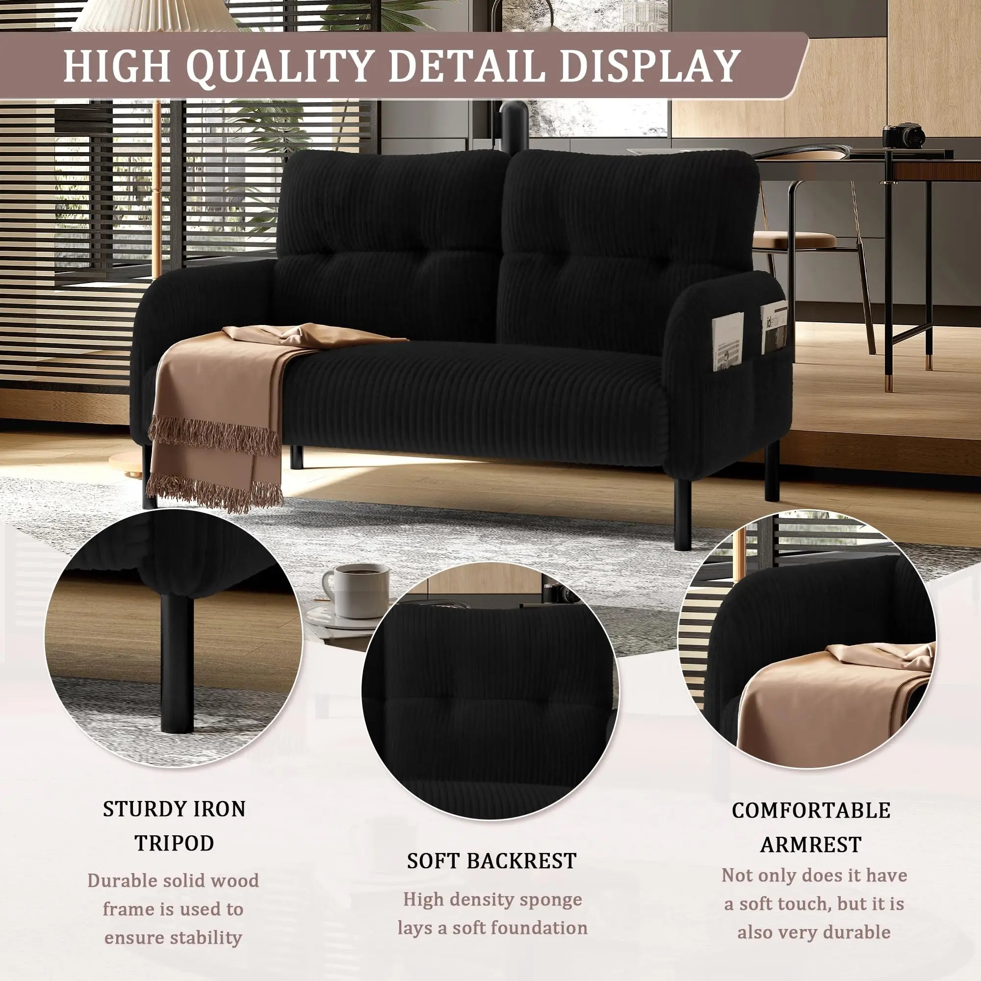 26 Inch Corduroy Single Sofa Chair With Side Pockets High Resilience Cushion Modern Ergonomic Living Room Accent Chair