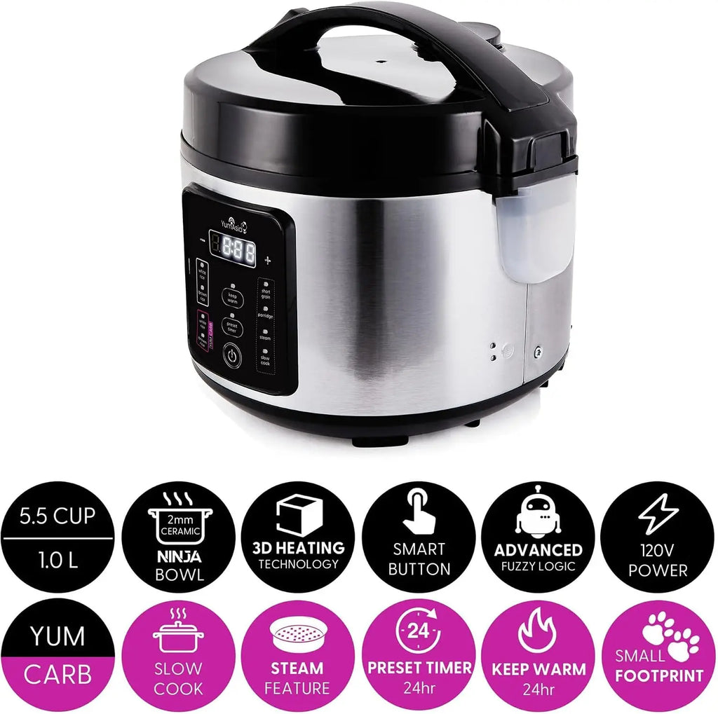 Rice Cooker with Ceramic Bowl, Fuzzy Logic, 5.5 Cups, 110V US