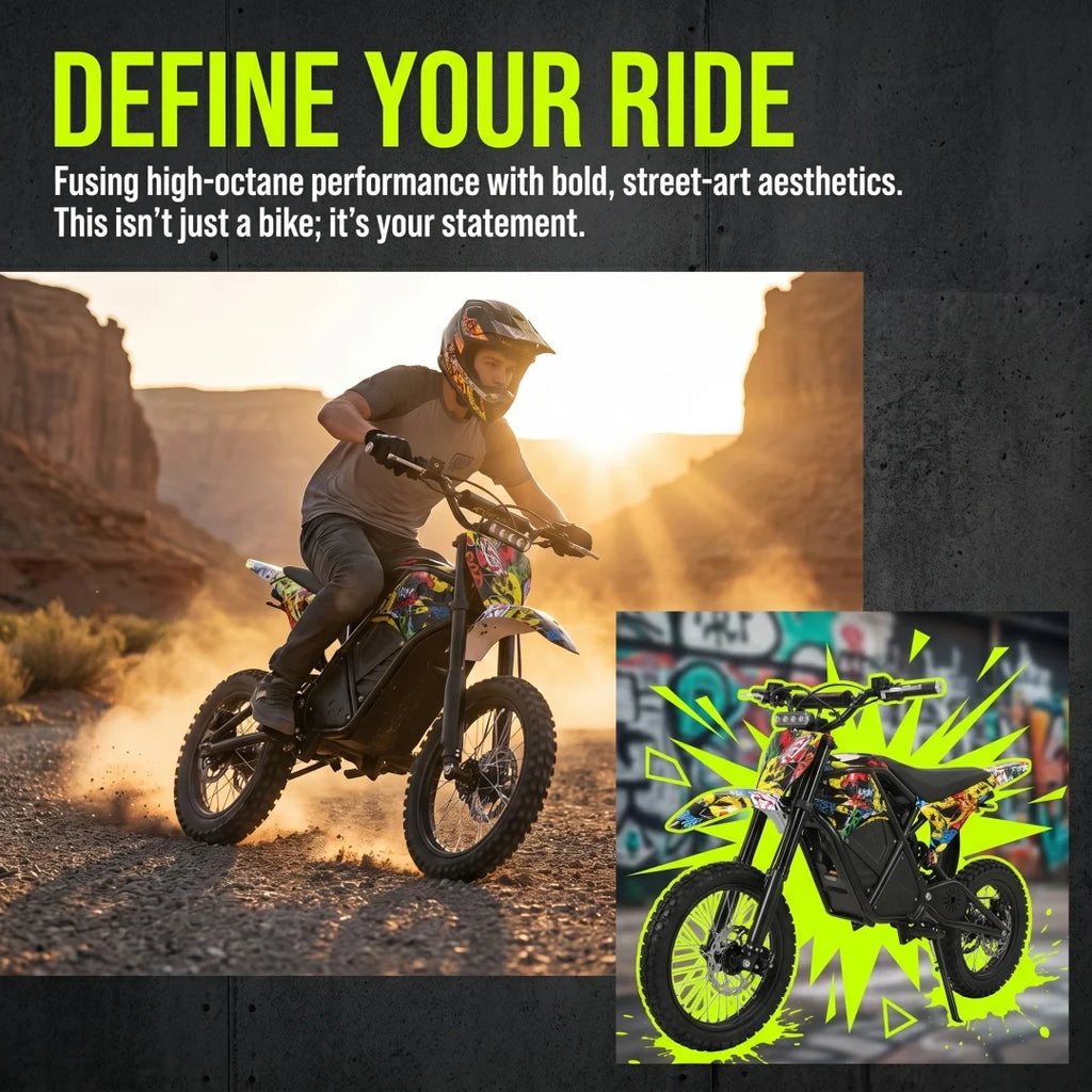 EDB001 Graffiti Electric Dirt Bike Powerful Brushless Motor Waterproof Removable Lithium Battery 3 Speed Modes Hydraulic Brakes Adjustable Nitrogen Shock Absorber All Terrain Off Road Motorcycle For Adults Teens