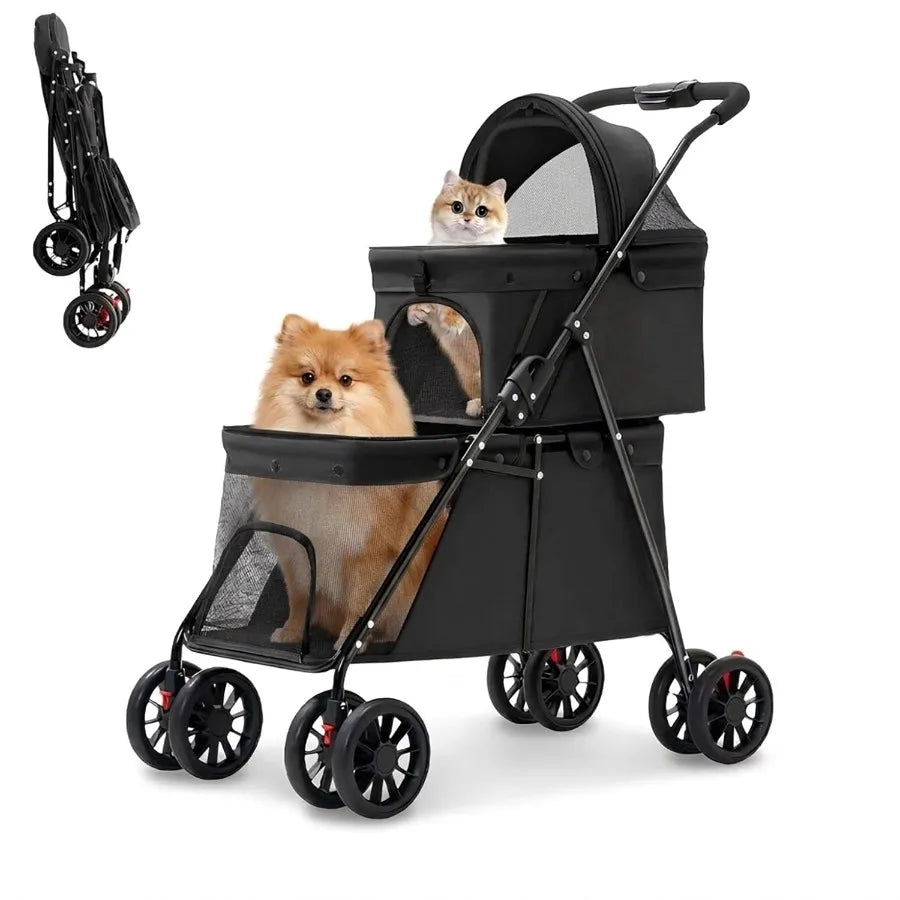 Double Layer Pet Stroller, Foldable Portable Medium Small Cat and Dog Carrier, Breathable Mesh Window, Stable Lightweight 4-Whe