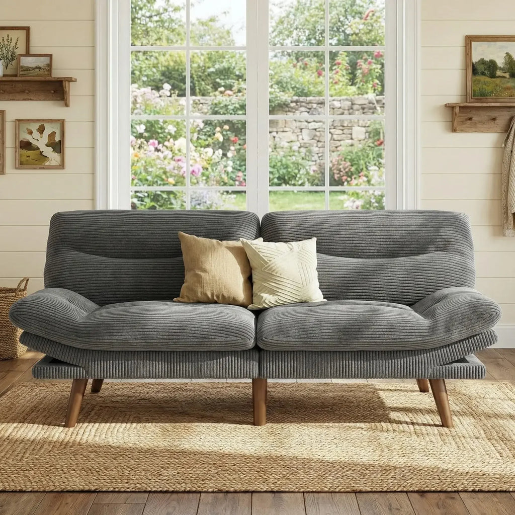 Grey 75 Inch Corduroy Futon Sofa Bed With Adjustable Back And Arms For Living Room Or Office Space