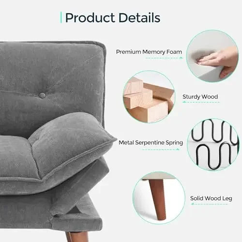 Gray Chenille Convertible Futon Sofa Bed 70 Inch With Adjustable Back And Armrests For Compact Living Spaces