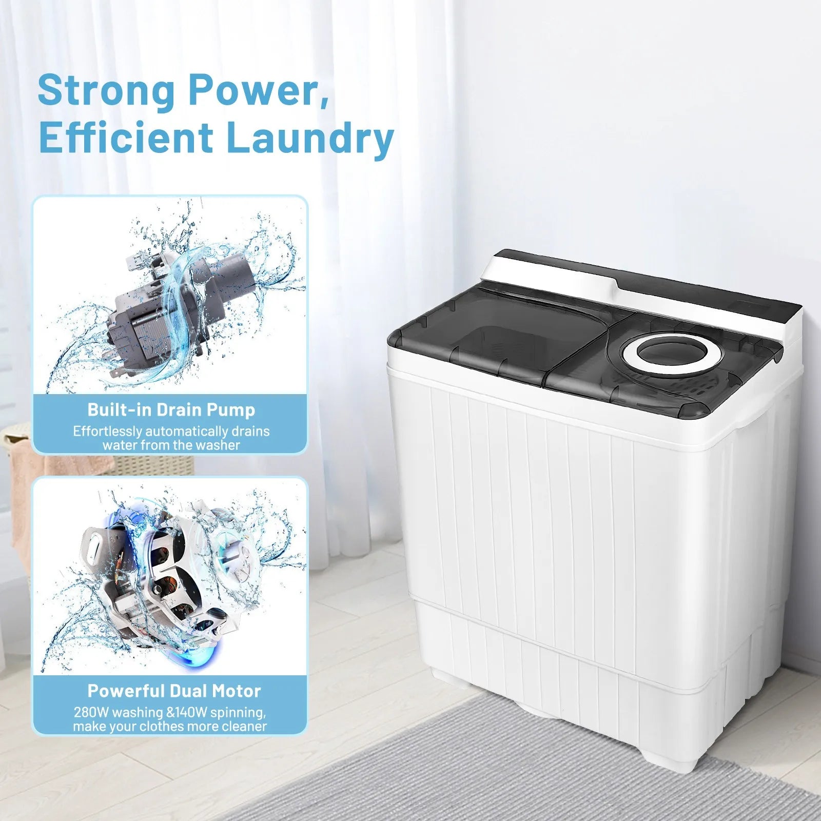 26lbs Semi-automatic Washing Machine Portable W/Built-in Drain Pump Grey