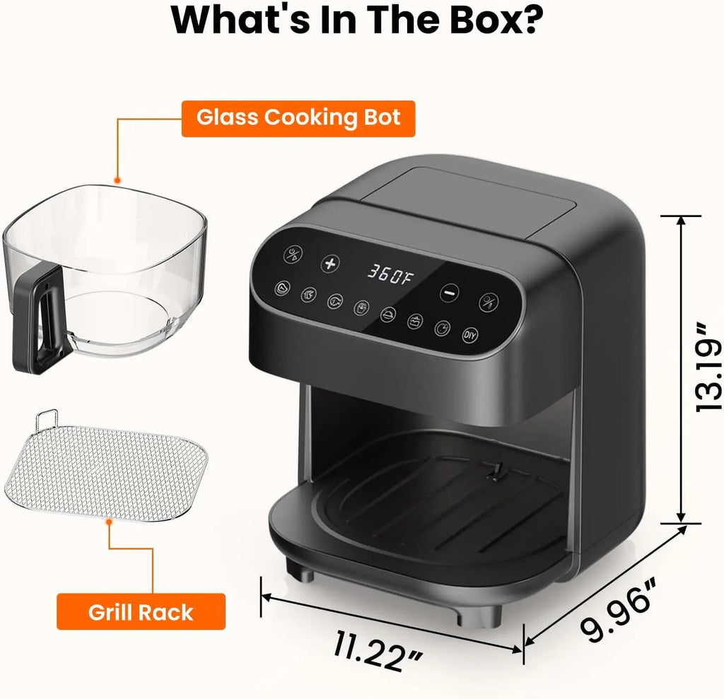 5-Quart Glass Air Fryer with 360° Visible Basket, Food-Grade Stainless Steel Rack, PFAS-Free, Non-Toxic & Coating-Free Design, 8