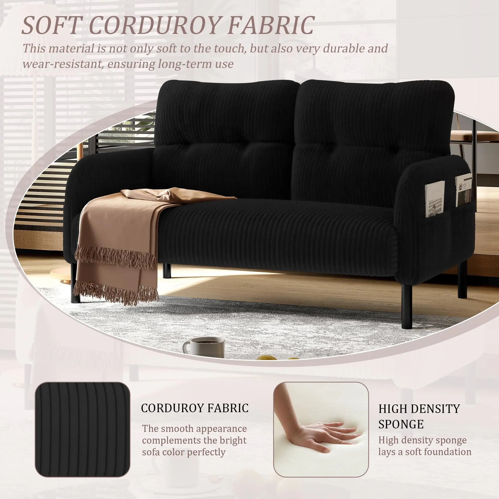 26 Inch Corduroy Single Sofa Chair With Side Pockets High Resilience Cushion Modern Ergonomic Living Room Accent Chair