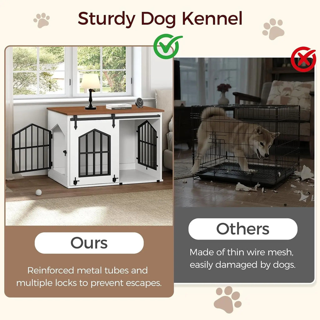 Farmhouse Dog Crate Furniture Wooden Dog Kennel Sliding Barn Door Indoor Pet House Decorative Side Table Nightstand End Table Chew Resistant Small Medium Dogs White Walnut