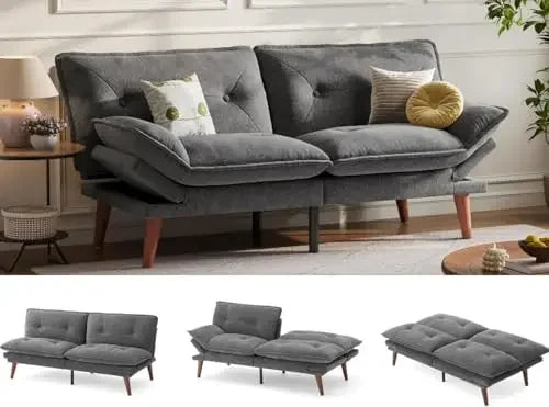 Gray Chenille Convertible Futon Sofa Bed 70 Inch With Adjustable Back And Armrests For Compact Living Spaces