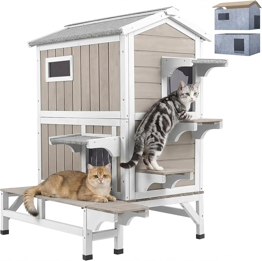Outdoor Cat House 2 Story Wooden Pet Shelter Feeding Station Scratching Fabric Interior Dual Escape Doors Balcony PVC Curtains Openable Roof Large Weatherproof Enclosure Grey