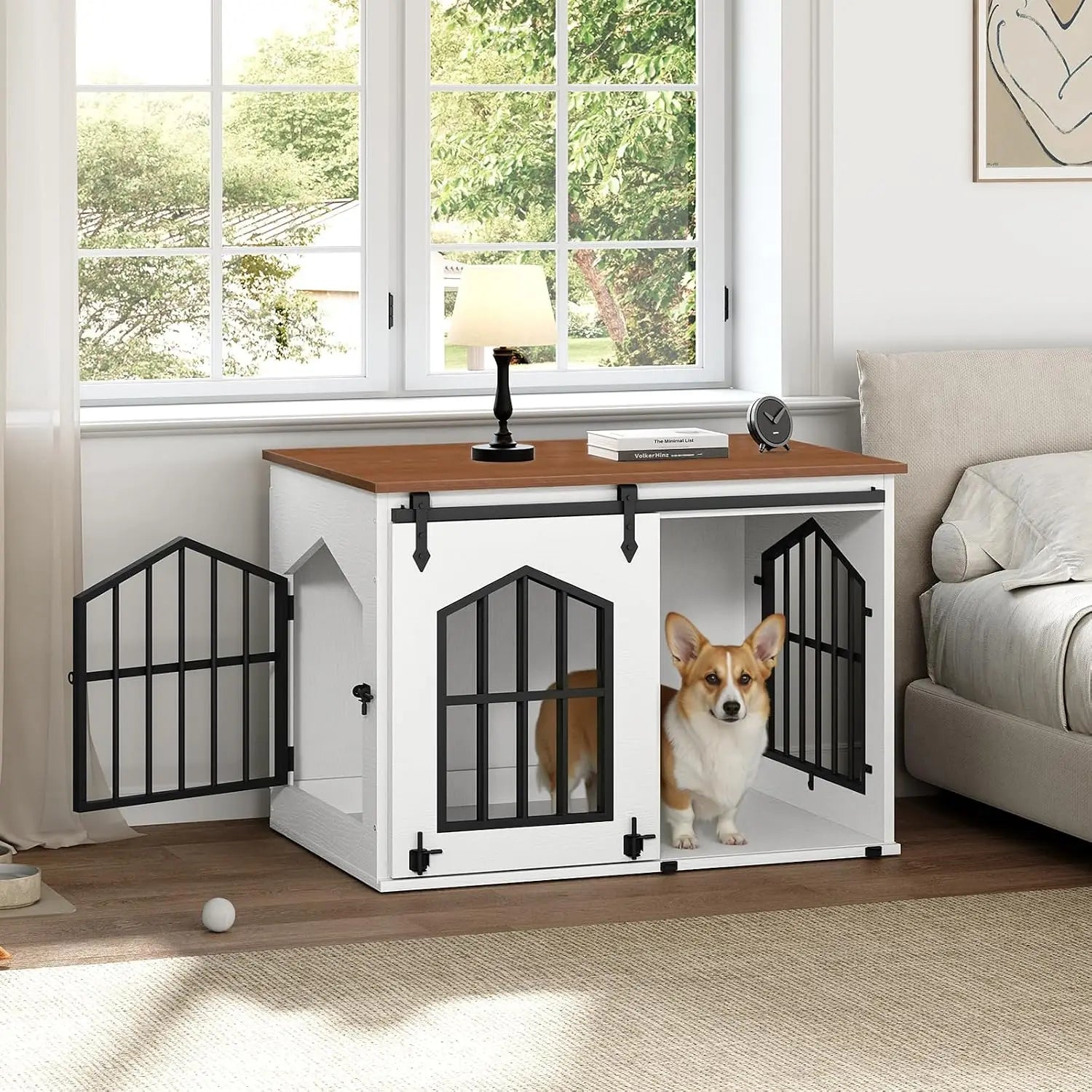 Farmhouse Dog Crate Furniture Wooden Dog Kennel Sliding Barn Door Indoor Pet House Decorative Side Table Nightstand End Table Chew Resistant Small Medium Dogs White Walnut