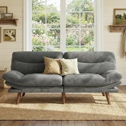 Grey 75 Inch Corduroy Futon Sofa Bed With Adjustable Back And Arms For Living Room Or Office Space