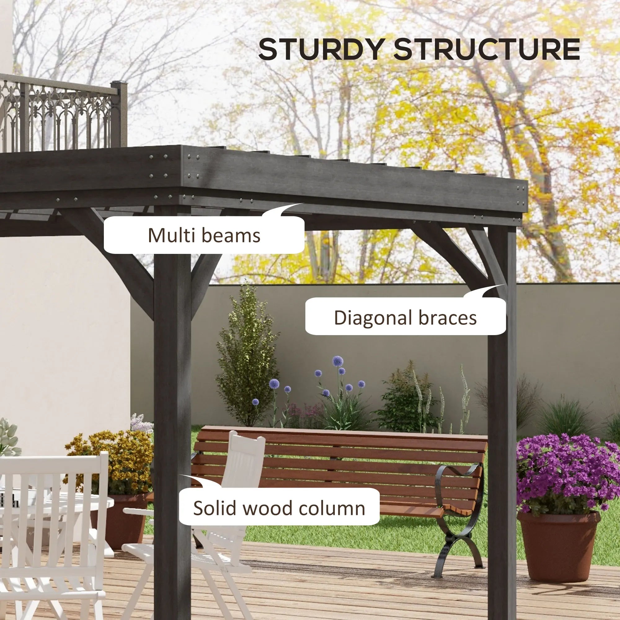 10' x 12' Outdoor Wood Pergola Gazebo with Stable Structure, Gray
