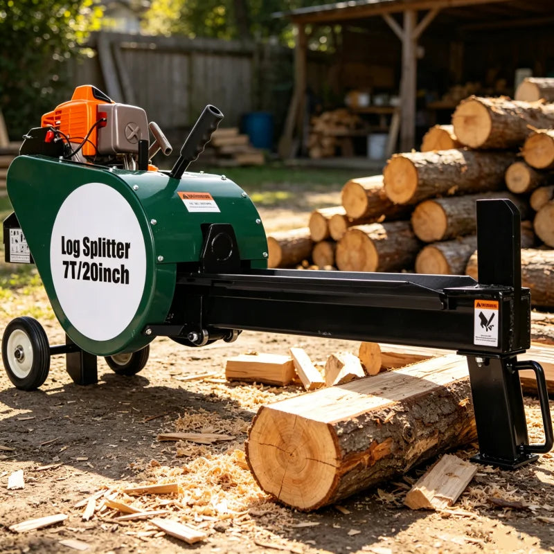 7 Ton Double Flywheel Gas Log Splitter, 63cc Engine Horizontal Firewood Splitter with Auto Return, 20 Inch Splitting Capacity Portable Wood Splitter for Forestry Firewood Harvesting