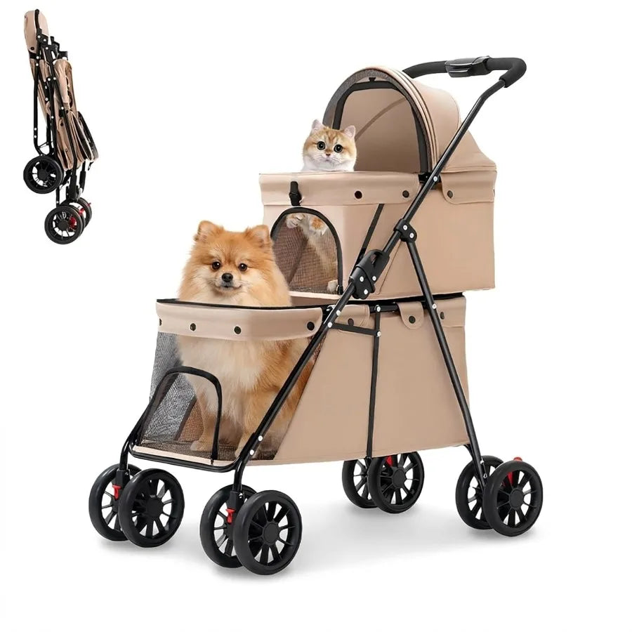 Double Layer Pet Stroller, Foldable Portable Medium Small Cat and Dog Carrier, Breathable Mesh Window, Stable Lightweight 4-Whe