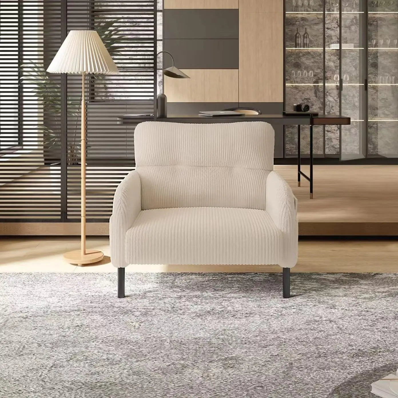 26 Inch Corduroy Single Sofa Chair With Side Pockets High Resilience Cushion Modern Ergonomic Living Room Accent Chair