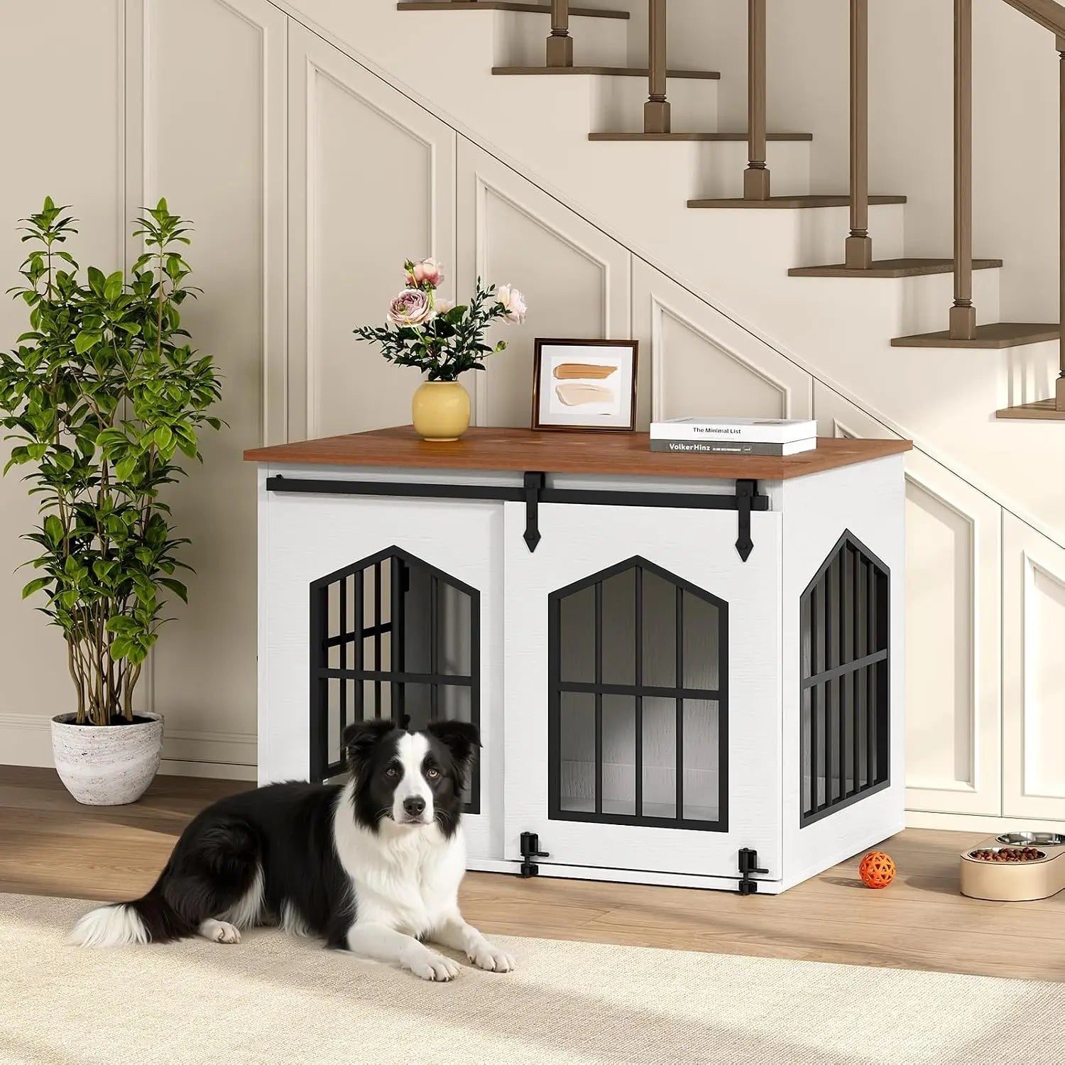 Farmhouse Dog Crate Furniture Wooden Dog Kennel Sliding Barn Door Indoor Pet House Decorative Side Table Nightstand End Table Chew Resistant Small Medium Dogs White Walnut
