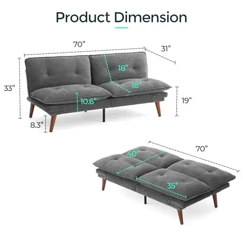 Gray Chenille Convertible Futon Sofa Bed 70 Inch With Adjustable Back And Armrests For Compact Living Spaces