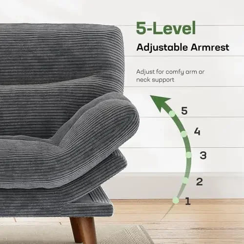 Grey 75 Inch Corduroy Futon Sofa Bed With Adjustable Back And Arms For Living Room Or Office Space